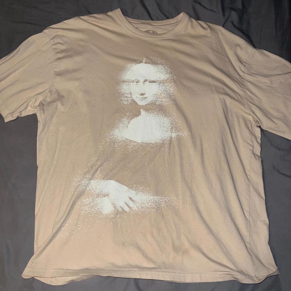 Mona Lisa Trippy Shirt Adult Mens Large Tan Short Sleeve